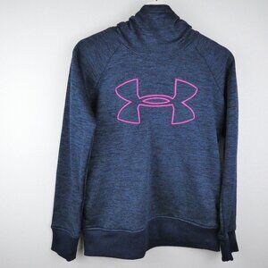 Under Armour Hoodie Sweatshirt Womens XS Blue Striped Pink Logo Loose COLDGEAR